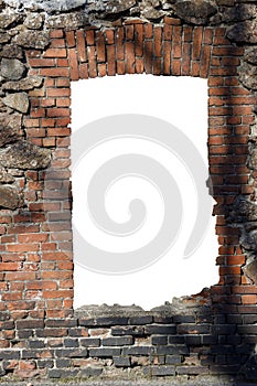 old red brick wall with hole isolated on white background in the middle