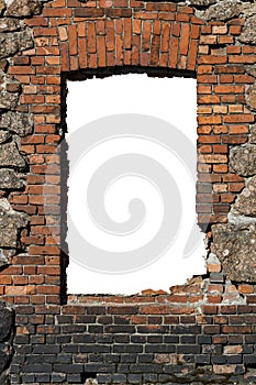 old red brick wall with hole isolated on white background in the middle