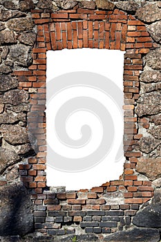 old red brick wall with hole isolated on white background in the middle