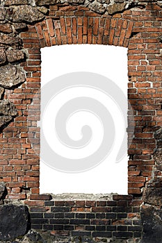 old red brick wall with hole isolated on white background in the middle