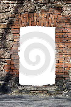 old red brick wall with hole isolated on white background in the middle