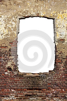 An old red brick wall with a hole in the middle. isolated on a white background