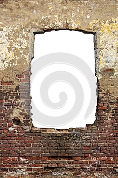 an old red brick wall with a hole in the middle. isolated on a white background