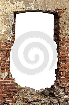 old red brick wall with a hole in the middle. isolated on white background.