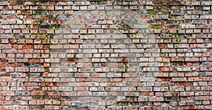 An Old red brick wall with inaccurate masonry geometry, background or texture