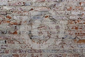 Old red bricks of dirty wall background with broken white coating