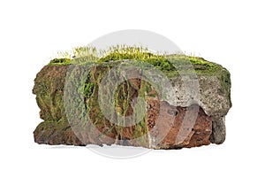Old red building brick covered with moss isolated on white background