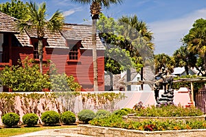 Old red building and garden