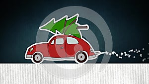 Old red car carrying Christmas tree and emitting snowflakes. Funny holiday banner. HD loopable animation.