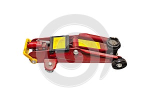 Old, red car hydraulic jack, isolated on a white background with a clipping path.