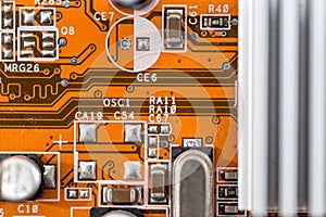 Old red circuit board. close up.