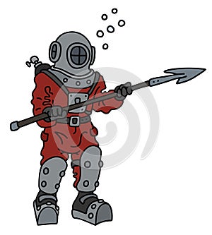 Old red diver with a harpoon