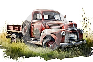 Old Red Farm Truck Standing In Field Of Grass, Isolated On White Background - Generative AI