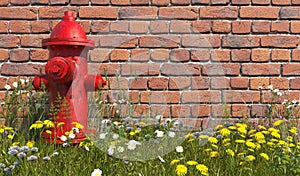 An old red fire hydrant stands in the grass with wildflowers opposite a brick wall. Front view. Illustration with copy space. 3D r