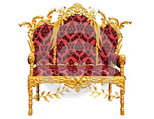 Old red golden king throne isolated over white.