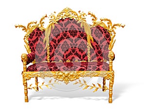 Old red golden king throne isolated over white background.