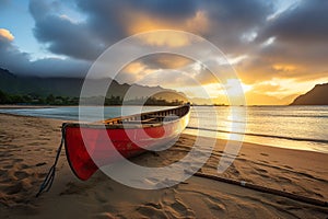 Old red hawaiian canoe abandoned on the sandy beach on sunset