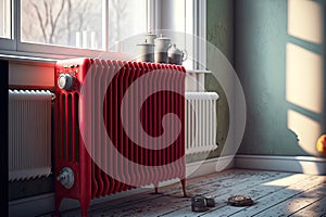 old red heating radiator with thermostat on floor and white heating radiator near the window
