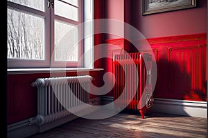 old red heating radiator with thermostat on floor and white heating radiator near the window