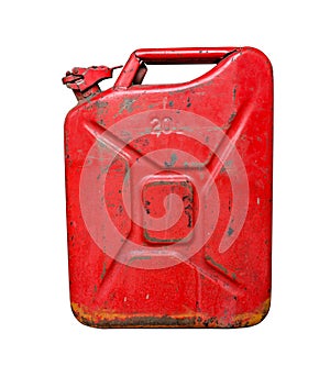 Old red metal fuel tank for transporting and storing petrol. Isolated on a white background