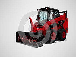 Old red mini loader nozzle snowthrower 3d render on gray background with shadow