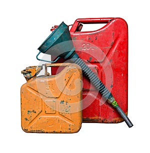 Old red and orange metal fuel tank for transporting and storing petrol with a funnel for fuel. Isolated on a white background