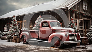 Old Red Pick-up Truck Carrying A Christmas Tree Parked Outside Festively Decorated Barn Shop. Generative AI