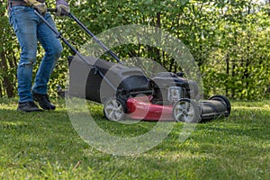 Old red push lawn mower cutting grass in blue jeans sunny shady spring day