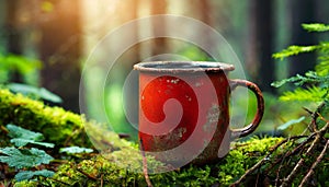 Old red rusty metal mug in forest. Cup for hot drink. Green moss