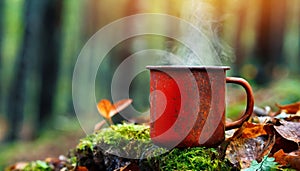 Old red rusty metal mug in forest. Cup for hot drink. Green moss
