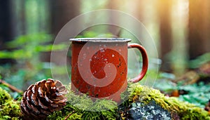 Old red rusty metal mug in forest. Cup for hot drink. Green moss