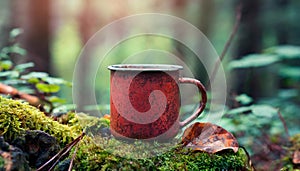 Old red rusty metal mug in forest. Cup for hot drink. Green moss