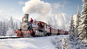 Old red steam locomotive in the snow