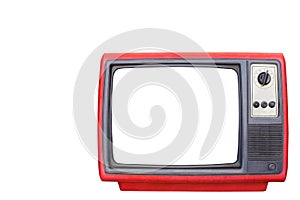 Old red television blank white screen isolated white background