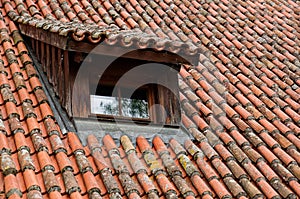 Old red-tiled rooftop with a window in German village, idyllic rural scene