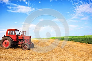 Old red tractor during wheat harvest on cloudy summer day