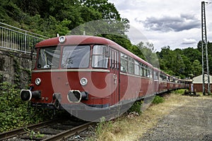 old red train in station Linz am rijn in germany