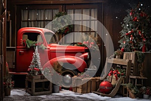 an old red truck with christmas decorations in a rustic garage
