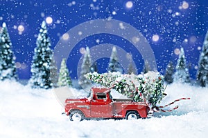 Old Red Truck with Christmas Tree