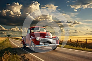 An old red truck drives leisurely down a peaceful country road, capturing the essence of rural charm, A pick-up truck on an open