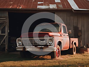 An old red truck parked in front of a barn. Generative AI image.