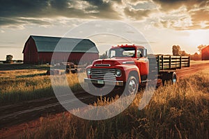 an old red truck is parked on the road of an agricultural farm in front of a barn. sunset with clouds, Generative AI