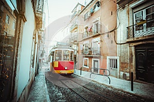 An old red vintage tram, Lisbon