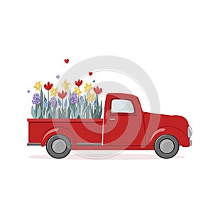 Old red vintage truck with spring flowers in the back. Woman day or birthday card. Flower delivery, vector isolated