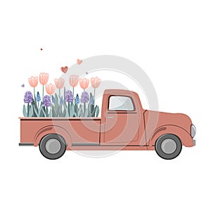 Old red vintage truck with spring flowers in the back. Woman day or birthday card. Flower delivery, vector isolated