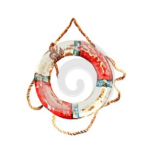 Old red and white lifebuoy with rope. Nautical object isolated on white background. Hand drawn marine watercolor illustration