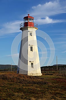 old red and white lighthouse on a field blue skies