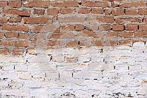 Old red and white painted brick wall texture background.