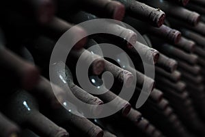 Old red wine bottles in dark cellar