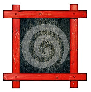 Old red wooden frame against a white background with black wood copy space in the cente